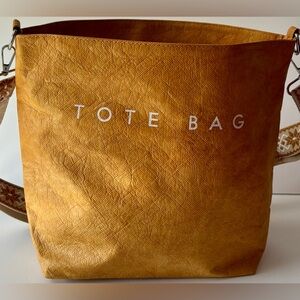 Caramel Faux Leather Crossbody Tote • Adjustable Woven Strap • Zipper Closure